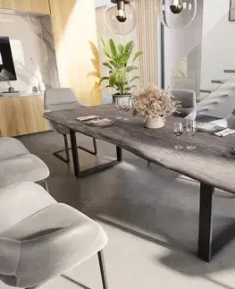 Jedálenské stoly DELIFE Jedálenský stôl Edge 260x100 XL akácia platinová kov úzky čierna Live-Edge