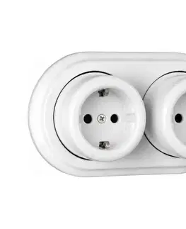 Predlžovacie káble Elhard - Dvojitá nástenná keramická retro zásuvka s rámčekom, SCHUKO 230 V, biela EF0055+2xEF0051