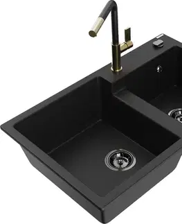 Kuchynské drezy MEXEN/S MEXEN/S - Tomas granitový drez 2-bowl vrátane batérie Flora, čierna 6516-77-670401-57-B