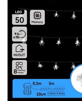 LED osvetlenie  B.V.  - LED vonkajší svetelný reťazec 50 × LED, 8 režimov, napájanie 3 × AA, dĺžka 5 m, IP44, studená biela B10303K52