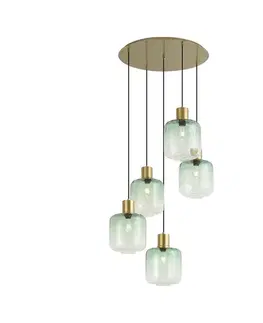 Závesné svietidlá Hotelová elegantná závesná lampa mosadzná s modrým a zeleným sklom 5-svetiel - Qara