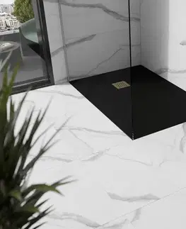 Vane MEXEN/S - Stone+ obdĺžniková sprchová vanička 80 x 70, čierna, mriežka zlatá 44707080-G