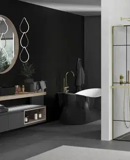 Sprchové dvere MEXEN/S - Kioto+ L Sprchová zástena WALK-IN s poličkou a držiakom uterákov 100 x 200, čierny vzor, zlatá 800-100-123-50-78