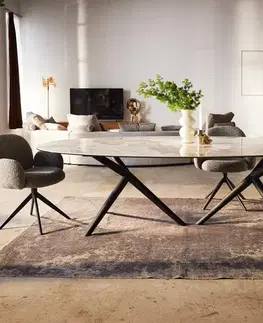 Jedálenské stoly DELIFE Jedálenský stôl Edge oválny 280x130 keramika Minas Melange bielo-béžová Estelar okrúhly kov čierny