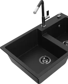 Kuchynské drezy MEXEN/S MEXEN/S - Tomas granitový drez 2-bowl vrátane batérie Flora, čierna 6516-77-670401-07-B