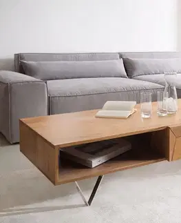 Konferenčné stolíky DELIFE Konferenčný stolík Kayu 115x60 cm akácia prírodná 2 zásuvky podstava v tvare V nerezová oceľ