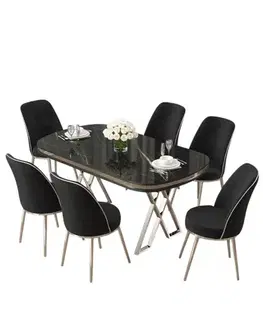 Jedálenské sety Dining Table & Chairs Set (7 Pieces) Lai - Black Marble, Chrome, Black
