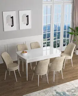 Jedálenské sety Extendable Dining Table & Chairs Set (7 Pieces) Han - White, Cream