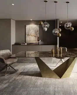 Jedálenské stoly DELIFE Jedálenský stôl Edge 300x100 keramika Laminam® Emperador Extra Lucidato tmavohnedá Prisma metalická zlatá
