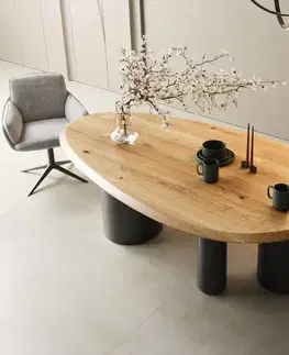 Jedálenské stoly DELIFE Jedálenský stôl Edge oválny 220x120x2,5 dub prírodný Troa kov čierny Flow-Edge