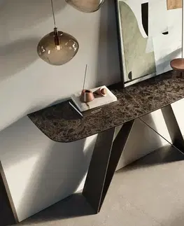 Konzolové stolíky DELIFE Konzolový stolík Edge zaoblený 140×40 cm keramika Emperador Extra Lucidato tmavohnedá Velio kov titánová farba