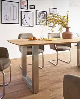 Jedálenské stoly DELIFE Jedálenský stôl Edge oválny 200x100x2,5-3 cm dub prírodný nerezová oceľ široký švajčiarska hrana