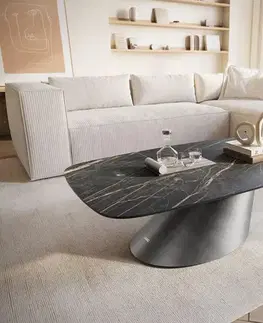 Konferenčné stolíky DELIFE Konferenčný stolík Edge zaoblený 120x70 cm keramika Laminam® Noir Desir hnedá Conis metalická strieborná