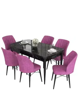Jedálenské sety Extendable Dining Table & Chairs Set (7 Pieces) Eva - Black Marble, Purple