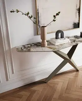 Konzolové stolíky DELIFE Konzolový stolík Edge polygonálny 180×50 cm keramika patagonia leštená Zentharo kov titánová farba