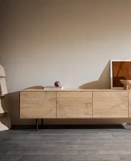 Televízne stolíky DELIFE TV stolík Tereos 220 cm dub prírodný 3D efekt 4 dvierka okrúhla podstava kov čierna