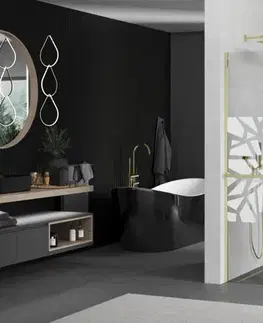 Sprchové dvere MEXEN/S - KIOTO Sprchová zástena WALK-IN s poličkou a držiakom uterákov 120 x 200, transparent/bialy vzór 8 mm, zlatá 800-120-121-50-85