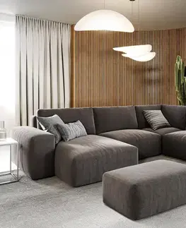 Sedacie súpravy XL DELIFE Pohovka v tvare U Lanzo 300x210 cm mikrovlákno khaki-hnedá variabilné ležadlo s taburetom