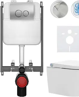 Záchody CERANO - Závesné WC s bidetom Basic/Cronus Standard - biela lesklá - WC tlačidlo Dualo/Strieborná - na zamurovanie - 59,3x38,4 CER-8050BD86431