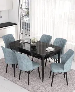 Jedálenské sety Extendable Dining Table & Chairs Set (7 Pieces) Eva - Black Marble, Grey