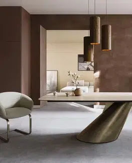 Jedálenské stoly DELIFE Jedálenský stôl Edge zaoblený tvar 200x100 keramika Laminam® Travertino Bianco krémovo bielo Cono metalická zlatá