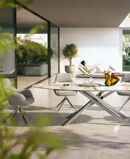 Záhradné stoly DELIFE Záhradný stôl Edge oválny 280x130 cm keramika Minas Melange bielo-béžová krížová podstava obdĺžnik nerezová oceľ