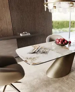 Jedálenské stoly DELIFE Jedálenský stôl Edge oválny 200x100 keramika Minas Melange bielo-béžová Cono metalická zlatá