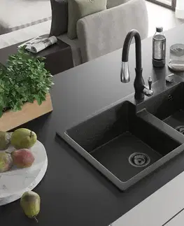 Kuchynské drezy MEXEN/S MEXEN/S - Tomas granitový drez 2-bowl vrátane batérie Savita, čierna/zlatá metalik 6516-75-672601-70-B