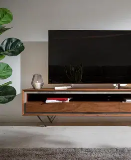 Televízne stolíky DELIFE TV stolík Stonegrace 175 cm akácia hnedá kamenná dyha 3 zásuvky 1 priehradka podstava v tvare V čierna