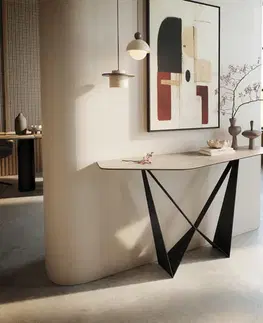 Konzolové stolíky DELIFE Konzolový stolík Edge polygonálny 140×50 cm keramika Laminam® Travertino Bianco krémovo biela Spios kov čierna