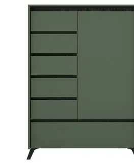 Komody KONDELA Longy Reg1D5S1K jednodverová komoda so zásuvkami smoke zelená / čierna