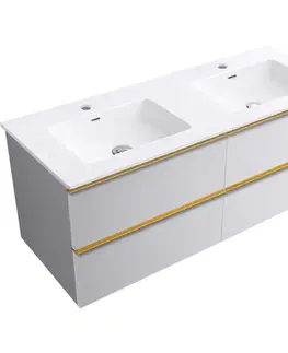 Kúpeľňový nábytok CERANO - Kúpeľňová skrinka Velora - biela matná, úchytka zlatá + keramické umývadlo Novo - biela lesklá - 121x54,5x46,5 CER-979883