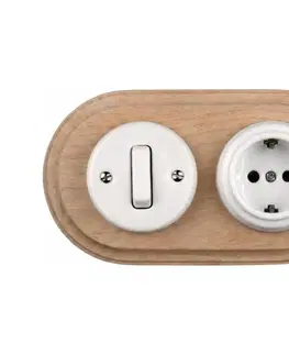 Predlžovacie káble Elhard - Keramický retro vypínač č. 1 a zásuvka 230V s rámom SCHUKO biela/drevo EF0096+EF0081+EF0087
