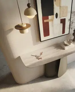 Konzolové stolíky DELIFE Konzolový stolík Edge zaoblený 140×40 cm keramika Laminam® Travertino Bianco krémovo biela Livos kov titánová farba