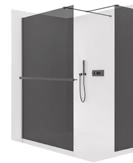 Držadlá k vani CERANO - Sprchová zástěna Walk-in Onyx T L/P - 10 mm - hranatá vzpěra + polička/držák na ručníky - černá matná, grafitové sklo - 160x140x200  CER-8050BD9422