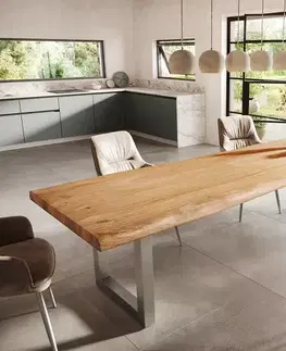 Jedálenské stoly DELIFE Jedálenský stôl Edge 300x100 XL akácia prírodná nerezová oceľ široký Live-Edge