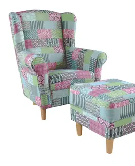 Kreslá KONDELA Astrid kreslo (ušiak) s taburetkou vzor patchwork M1