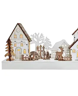 Vianočné dekorácie Solight LED vianočná dedinka, 34 x 17 cm, drevo, 4 LED, 2x AA
