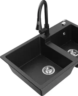 Kuchynské drezy MEXEN/S MEXEN/S - Tomas granitový drez 2-bowl vrátane batérie Elia, čierna/strieborná metalík 6516-73-670101-70