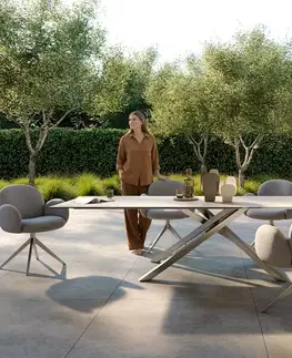 Záhradné stoly DELIFE Záhradný jedálenský stôl Edge 300x100 cm keramika Laminam® Travertino Bianco bielo-krémová krížová podstava obdĺžnik nerezová oceľ