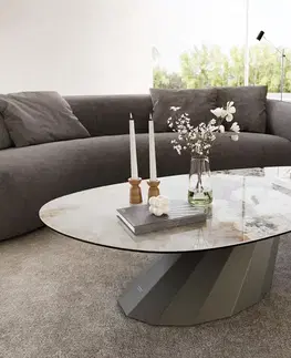 Konferenčné stolíky DELIFE Konferenčný stolík Edge oválny 140x75 cm keramika Minas Melange Parabi kov titánová farba