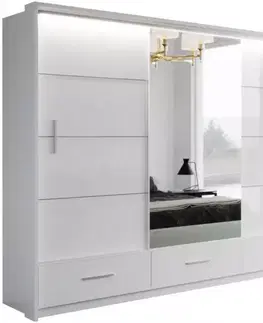 Šatníkové skrine Skriňa Marsylia 250 biela lesk/zrkadlo/biely