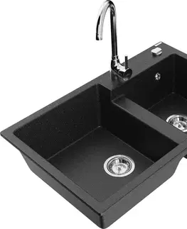 Kuchynské drezy MEXEN/S MEXEN/S - Tomas granitový drez 2-bowl vrátane batérie Telma, čierna/strieborná metalík 6516-73-670200-00