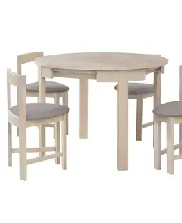 Jedálenské sety KONDELA Domio 1+4 jedálenský set biela vzor drevo / sivobéžová
