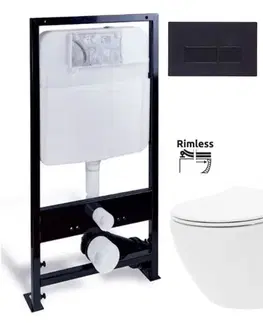 Závesné wc sety PRIM predstenový inštalačný systém s čiernym tlačidlom 20/0044 + WC REA Carlo Flat Mini Rimlesss + SEDADLO PRIM_20/0026 44 CF1