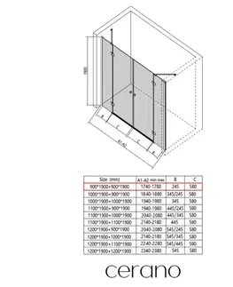 Sprchovacie kúty CERANO - Sprchové 2-pantové dvere Marino L/P - 6 mm - čierna matná, transparentné sklo - 178(89+89)x190 CER-543865