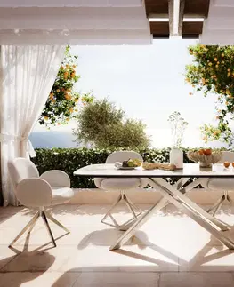 Záhradné stoly DELIFE Záhradný stôl Edge zaoblený tvar 200x100 cm keramika Minas Melange bielo-béžová krížová podstava obdĺžniková nerezová oceľ