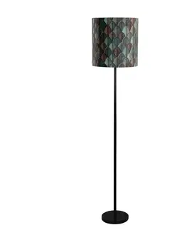 Stojace lampy Stojacia lampa čierna s zamatovým tienidlom s dizajnom listov a zlatým vnútorným priestorom - Simplo