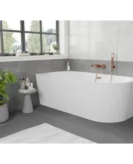 Vane MEXEN/S - Silo voľne stojaca rohová vaňa ľavá reliéf 150 x 75, biela, sifón a prepad meď kartáčovaná 52891507500L-65