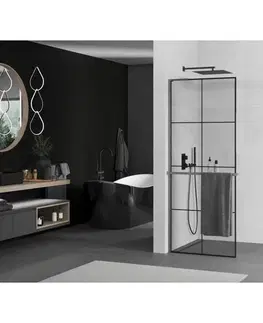 Sprchové dvere MEXEN/S - Kioto+ L Sprchová zástena WALK-IN s poličkou a držiakom uterákov 90 x 200, čierny vzor, grafit kartáčovaná 800-090-123-66-77